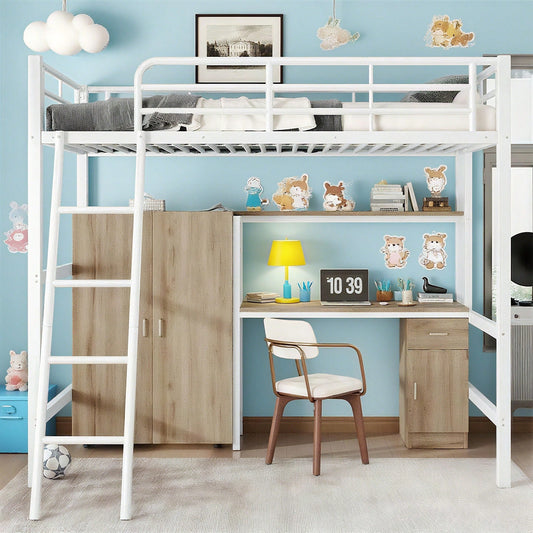 Eisenbett, Etagenbett, Geeignet für Kinder und Heranwachsende, Mit Tisch und Kleiderschrank, Reichlich Ablagefächer, Mit einer vierstufigen Schrägleiter, Eisen+Spanplatte, Weiß+Natur, 90x200cm