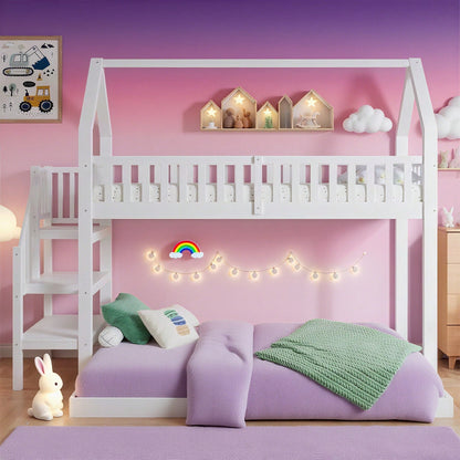 ]Etagenbett, Hausbett mit Treppe, Kinderbett mit Fallschutz und Gitter, Rahmen aus Kiefer, weiß (90x200&140*190cm)