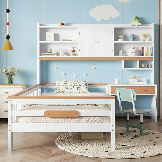 Kinderbett, mit Stauraumschrank, mit Tisch und Schubladen, Mit Schutzplatte und Lattenroste, L-Struktur, Weiß+Natur, Kiefer+MDF+Mehrschichtplatte, 90x200cm