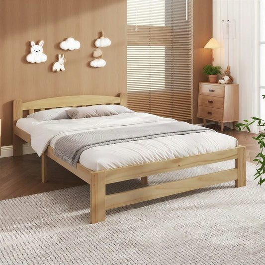 Solide Massivholzbett Futonbett, Doppelbett, Massivholz Natur Bett mit Kopfteil und Lattenroste, Jugendbett, Erwachsenenbett, Natur, 140x200 cm