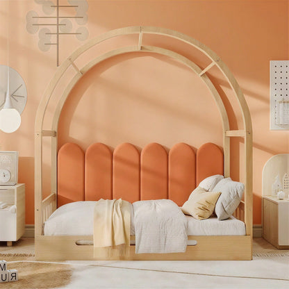 Erweiterbares Gewölbtes Dachbett, Schiebebett, Kinderbett, Tagesbett, Doppelbett, Samtkissen, Rahmen aus Kiefernholz, Natur und Orange (140x100cm&140x200cm)