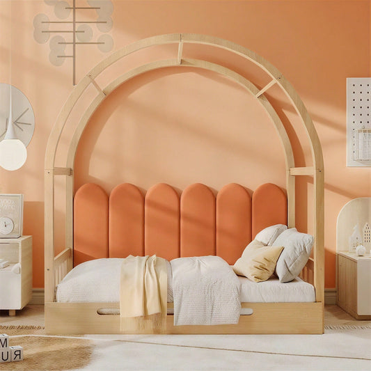 Erweiterbares Gewölbtes Dachbett, Schiebebett, Kinderbett, Tagesbett, Doppelbett, Samtkissen, Rahmen aus Kiefernholz, Natur und Orange (140x100cm&140x200cm)