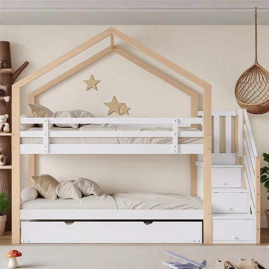 Etagenbett, Ausziehbares Baumhausbett, Schiebebett, Treppe mit 3 Schubladen, Kinderbett mit Absturzsicherung und Kinderbettgitter, mit Lattenroste, Natur+Weiß (90x200cm&90x190cm)