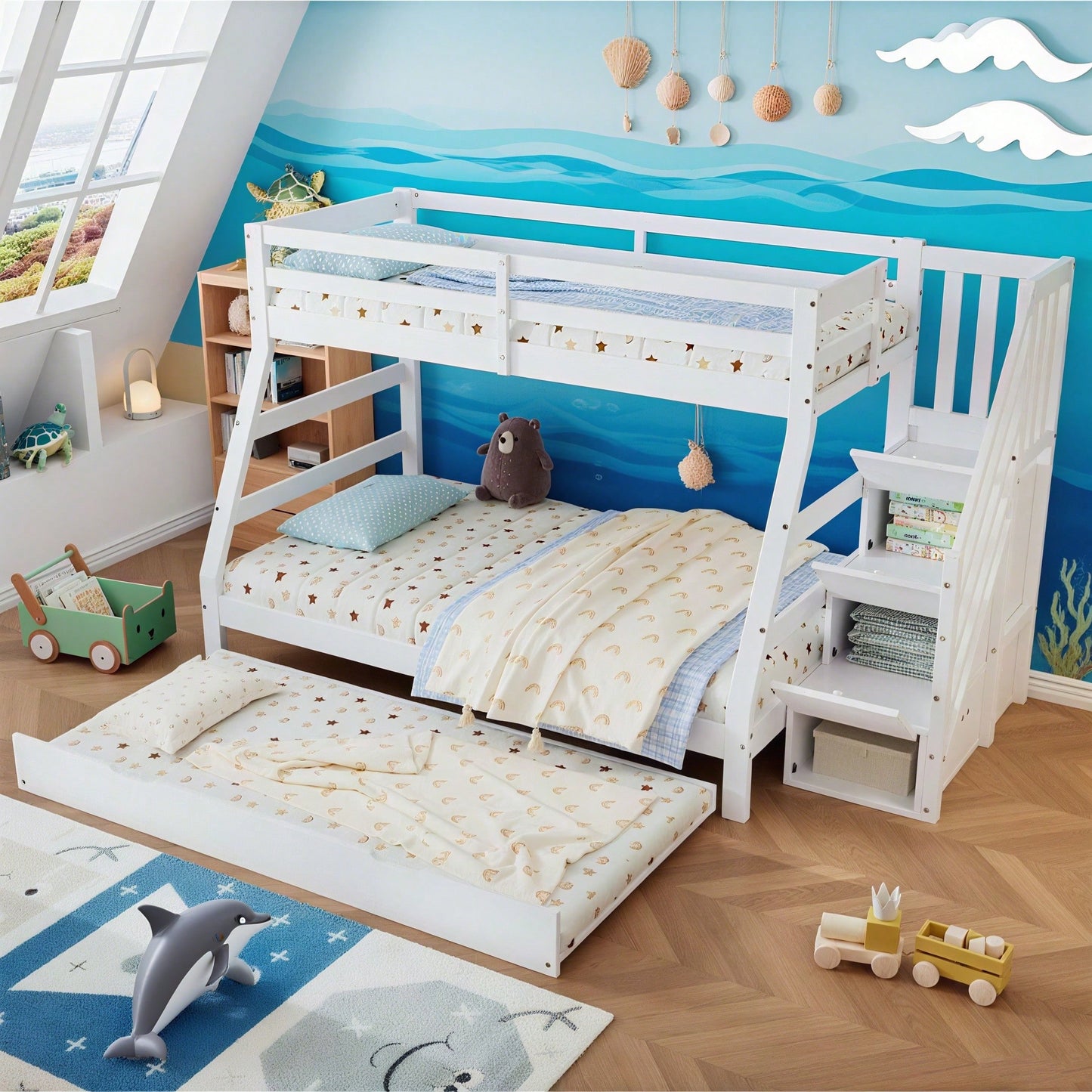 Etagenbett mit Rollbett, Kinderbett mit Leiterschrank und Handlauf, mit Fallschutzgitter an allen Seiten, Kiefer+MDF, Weiß, 90x190CM Rollbett, 90/120x200CM
