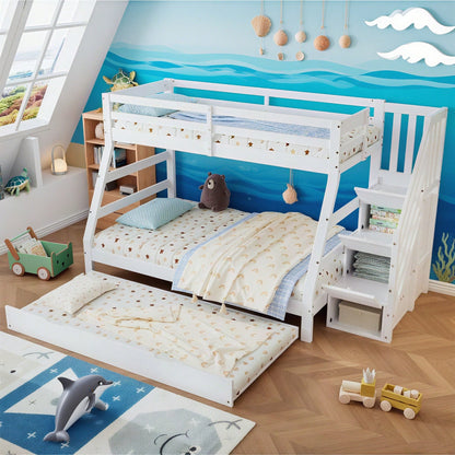 Etagenbett mit Rollbett, Kinderbett mit Leiterschrank und Handlauf, mit Fallschutzgitter an allen Seiten, Kiefer+MDF, Weiß, 90x190CM Rollbett, 90/120x200CM