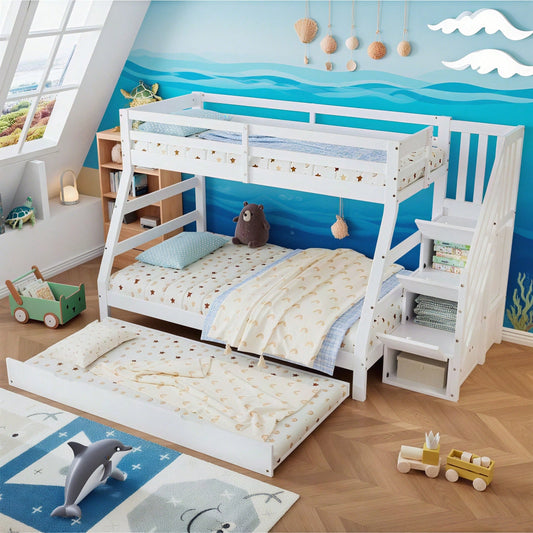 Etagenbett mit Rollbett, Kinderbett mit Leiterschrank und Handlauf, mit Fallschutzgitter an allen Seiten, Kiefer+MDF, Weiß, 90x190CM Rollbett, 90/120x200CM