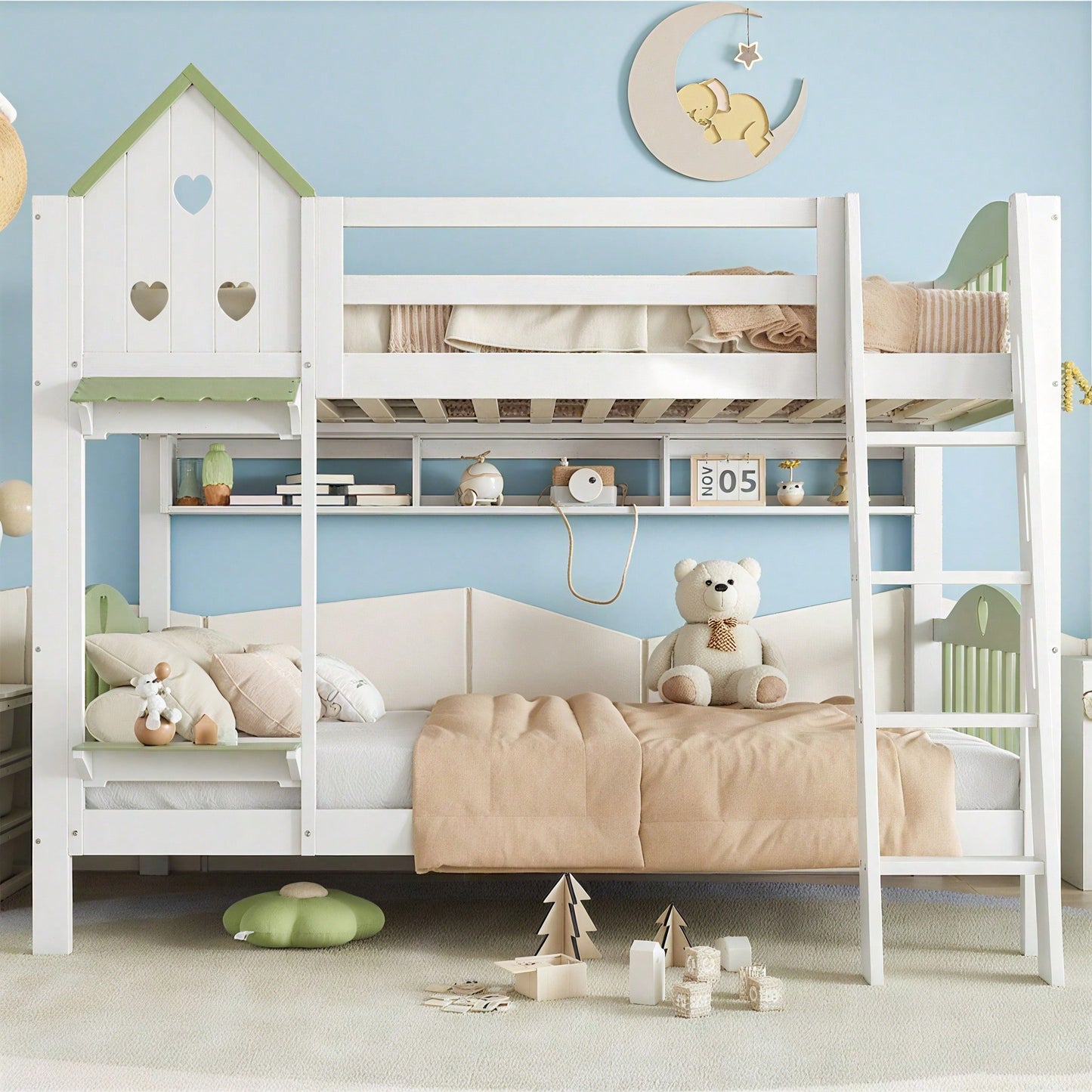 Etagenbett, Kinderbett mit Fallschutz und Gitter, Mit Dach und Fenster, Offenes Regal, Exquisiter Massivholzzaun, Mit vierstufiger Leiter, Massivholzrahmen, Kiefer+MDF, Weiß+Grün, 90x200cm