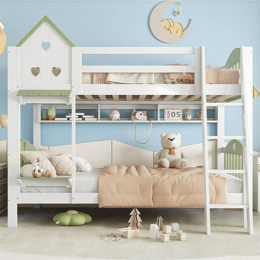 Etagenbett, Kinderbett mit Fallschutz und Gitter, Mit Dach und Fenster, Offenes Regal, Exquisiter Massivholzzaun, Mit vierstufiger Leiter, Massivholzrahmen, Kiefer+MDF, Weiß+Grün, 90x200cm