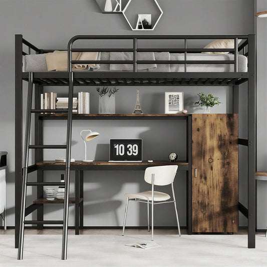 Eisenbett, Etagenbett, Geeignet für Kinder und Heranwachsende, Mit Tisch und Kleiderschrank, Reichlich Ablagefächer, Mit 4-stufiger Leiter, Eisen+Spanplatte, Schwarz, 90x200cm
