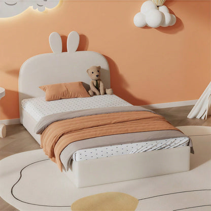 Kaninchen Kopfteil Polsterbett, Kinderbett mit Holzlatten, Einzelbett, Samt, Beige, 90x200cm