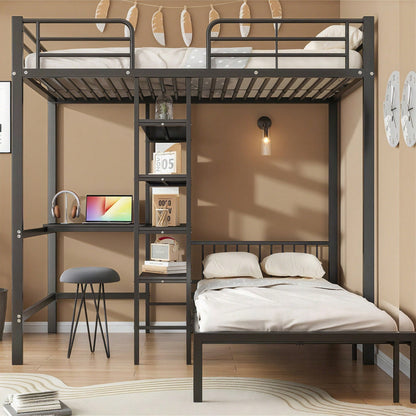 Eisenrahmenbett, Etagenbett mit Tisch und Regalen, Geeignet für Kinder und Jugendliche, mit fünfstufige rechtwinklige Leiter, vier Seitengitter am oberen Bett, Eisen + MDF, Schwarz, 90x200cm