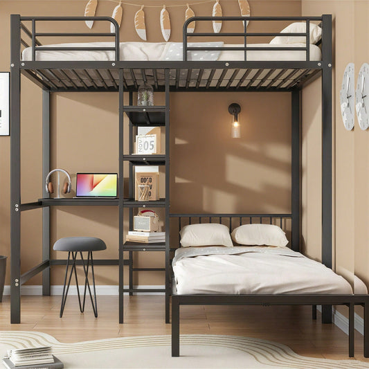 Eisenrahmenbett, Etagenbett mit Tisch und Regalen, Geeignet für Kinder und Jugendliche, mit fünfstufige rechtwinklige Leiter, vier Seitengitter am oberen Bett, Eisen + MDF, Schwarz, 90x200cm