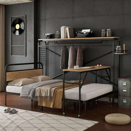 Metallbett, Flachbetten + Tisch + Vertikaler Garderobenständer, Tisch mit Rädern, Kompletter Satz Schlafzimmermöbel, Heranwachsende und Erwachsene, Metallrahmen, Metall+MDF, Schwarz + Natur, 140x200