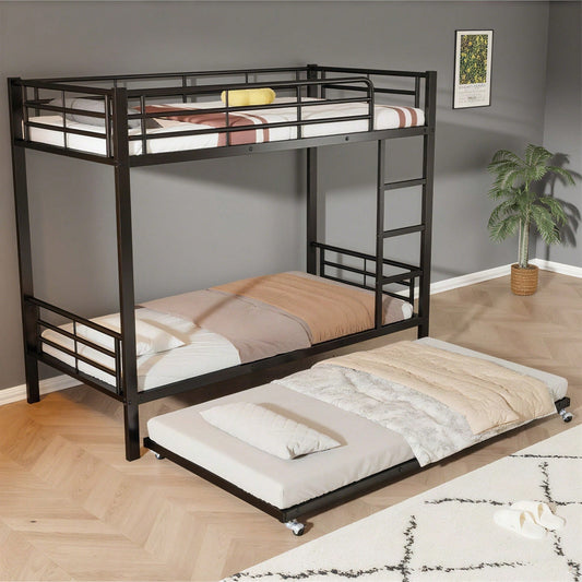 Eisenbett, Etagenbett, Geeignet für Kinder und Jugendliche, mit Ausziehbett, vier Seitengitter am oberen Bett, Eisen, Schwarz, 90x200cm&90x190cm