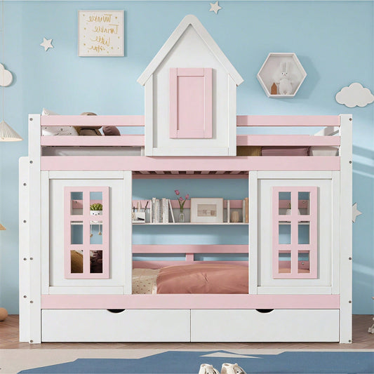 Etagenbett, Prinzessinnenbett, Kinderbett, Kinderbett mit Dach und Fenster, mit Fallschutzgitter, stabiles Geländer, Zwei Schubladen mit Rollen, Offenes Regal, Reichlich Stauraum, Kiefer+MDF,Weiß+Rose