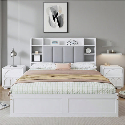 Doppelbett, Offenes Regal, Drei Schubladen mit Rollen, Griffe aus Metall, Ablagefach mit herunterklappbarer Tür, Rahmen aus Kiefer, Heranwachsende und Erwachsene, Kiefer+MDF, Weiß+Grey, 140x200CM