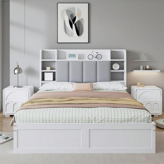 Doppelbett, Offenes Regal, Drei Schubladen mit Rollen, Griffe aus Metall, Ablagefach mit herunterklappbarer Tür, Rahmen aus Kiefer, Heranwachsende und Erwachsene, Kiefer+MDF, Weiß+Grey, 140x200CM