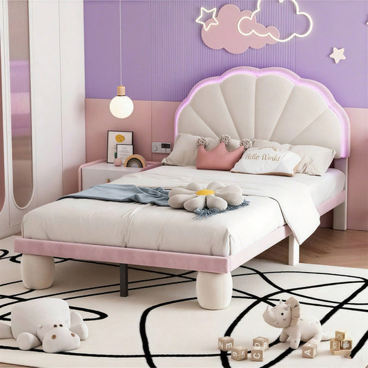 Polsterbett mit mehrfarbigen, wechselnden LED Lichtstreifen, Kopfteil mit Wellenschliff, mit gepolsterter runden Beine, Kinderbett mit Holzlatten, Einzelbett, Samt, Beige+Rosa, 90x200cm