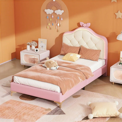 Polsterbett, Einzelbett, Wellenform mit Zugpunkt am Kopfende des Bettes, rosa Schleife, mit mehrfarbigen, wechselnden LED-Streifen, Kinderbett mit Holzlatten, Einzelbett, PU, rosa Bettrahmen, 90x200cm