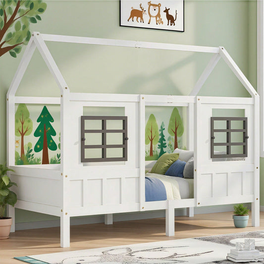 Hausbett, Einzelbett, Tagesbett, Kinderbett mit 2 Fenstern, Rahmen aus Kiefer, MDF, weiß (200x90cm)