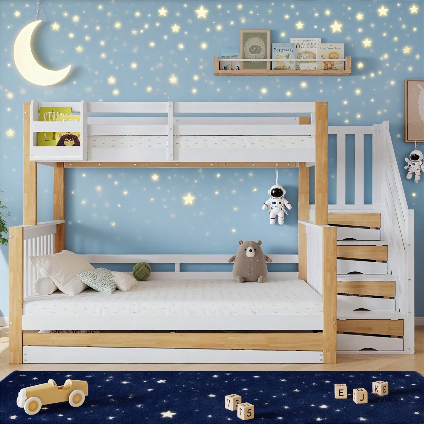[N622F419012N] Etagenbett, Kinderbett, mit Fallschutz und Gitter, Entworfen mit drei Bettpositionen, mit Rollbett, Spezielles Türverkleidungsdesign, Ecktreppe, Kiefer+MDF, Weiß+Natur, 90x200&120*200cm