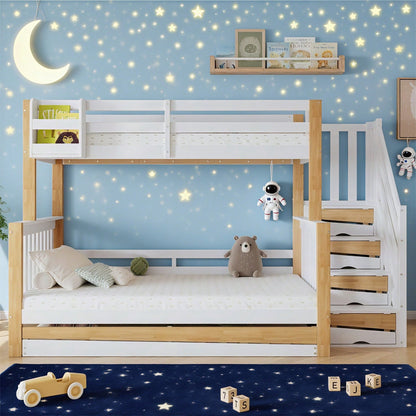 [N622F419012N] Etagenbett, Kinderbett, mit Fallschutz und Gitter, Entworfen mit drei Bettpositionen, mit Rollbett, Spezielles Türverkleidungsdesign, Ecktreppe, Kiefer+MDF, Weiß+Natur, 90x200&120*200cm