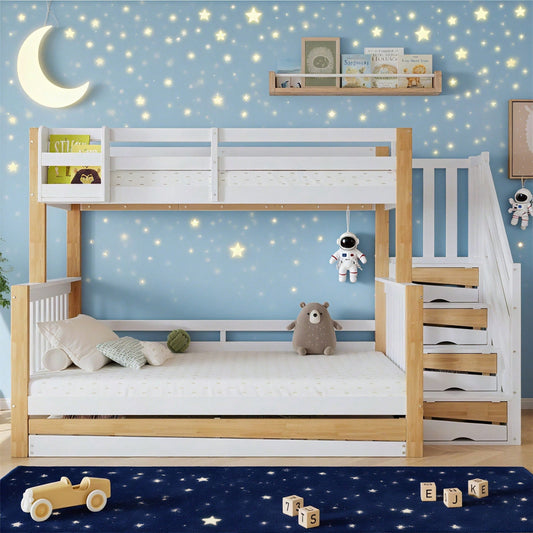 [N622F419012N] Etagenbett, Kinderbett, mit Fallschutz und Gitter, Entworfen mit drei Bettpositionen, mit Rollbett, Spezielles Türverkleidungsdesign, Ecktreppe, Kiefer+MDF, Weiß+Natur, 90x200&120*200cm