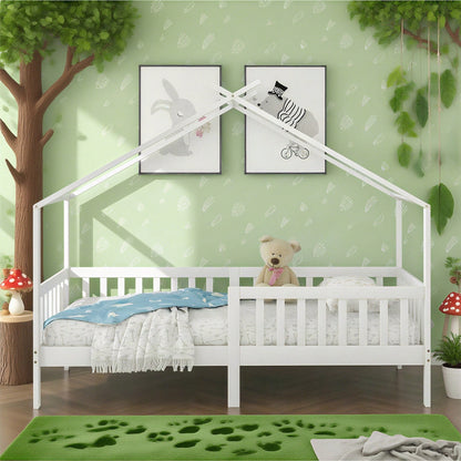 Schönes Hausbett, Kinderbett Massivholz mit Zaun und Lattenrost, Kinder- und Jugendzimmer mit Absturzsicherung, weiß (200x90 cm)
