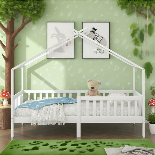 Schönes Hausbett, Kinderbett Massivholz mit Zaun und Lattenrost, Kinder- und Jugendzimmer mit Absturzsicherung, weiß (200x90 cm)