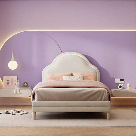 Polsterbett mit Kopfteil in Wolkenform, mit mehrfarbigen, wechselnden LED-Streifen, Kinderbett mit Holzlatten, Einzelbett, Samt, Beige, 90x200cm