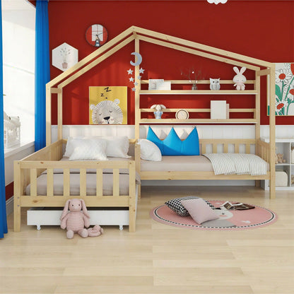 Kinderbett Hausbett mit Schubladen und Regalen, Massivholz mit Zaun und Lattenrost, L-Struktur, Natur (90x200 cm+140x70cm)