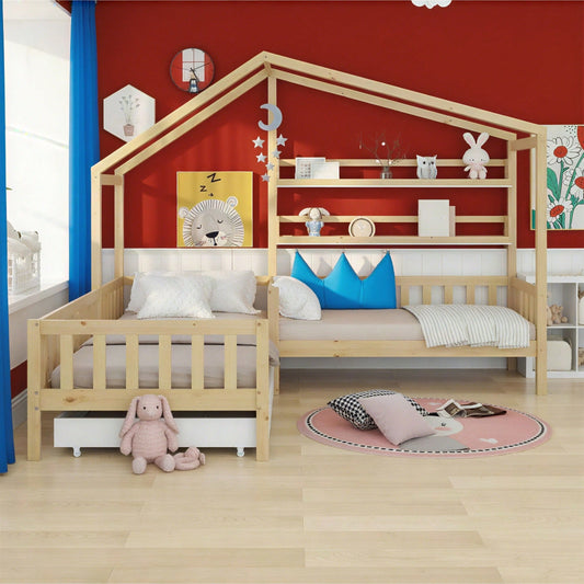 Kinderbett Hausbett mit Schubladen und Regalen, Massivholz mit Zaun und Lattenrost, L-Struktur, Natur (90x200 cm+140x70cm)