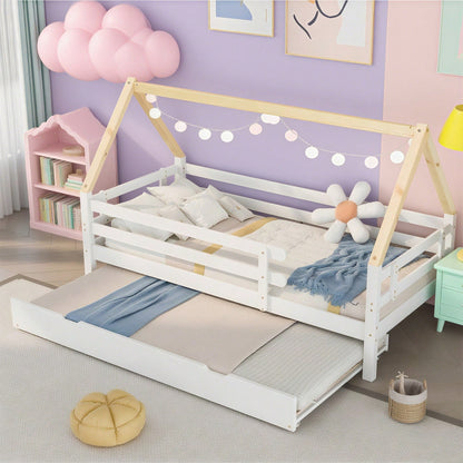 Baumhausbett, Tagesbett, Einzelbett, Kinderbett, Ausziehbett, Schiebebett mit Rollen unten, Massivholz, weißes Bett, naturfarbener Dachstuhl (90x200 & 90x190CM)