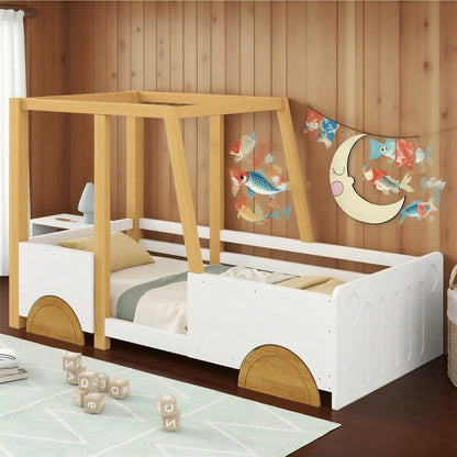 Autobett, Kinderbett mit MDF-Rädern, Rahmen aus Kiefer, weiß + natur (90x200cm)