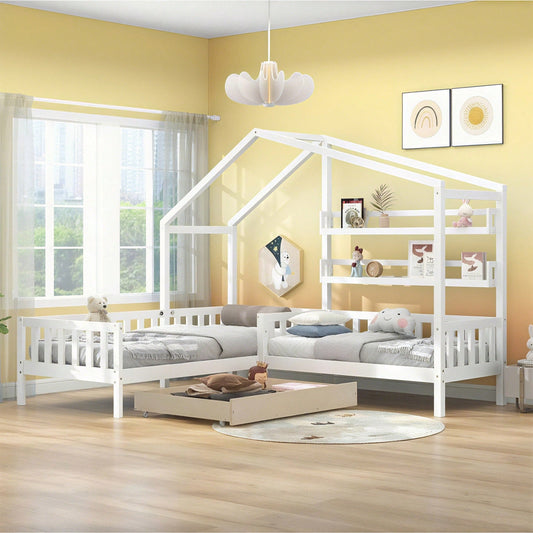 Kinderbett Hausbett mit Schubladen und Regalen, Massivholz mit Zaun und Lattenrost, L-Struktur, Weiß (90x200 cm+140x70cm)