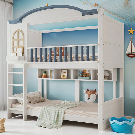Etagenbett, Kinderbett mit Fallschutz und Gitter, Mit Dach und Fenster, Offenes Regal, Exquisiter Massivholzzaun, Mit vierstufiger Leiter, Kiefer+MDF, Weiß+Blau, 90x200cm