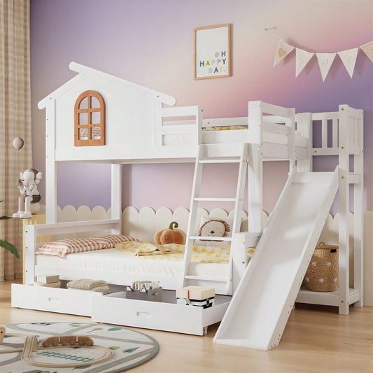 Etagenbett mit charakteristischen Fenstern und vierstufiger Kipptreppe, Kinder und Mutterbett mit mit Rutsche, mit zwei Schubladen, Bettrahmen aus Massivholz, Weiß, 90x200 & 120x200cm