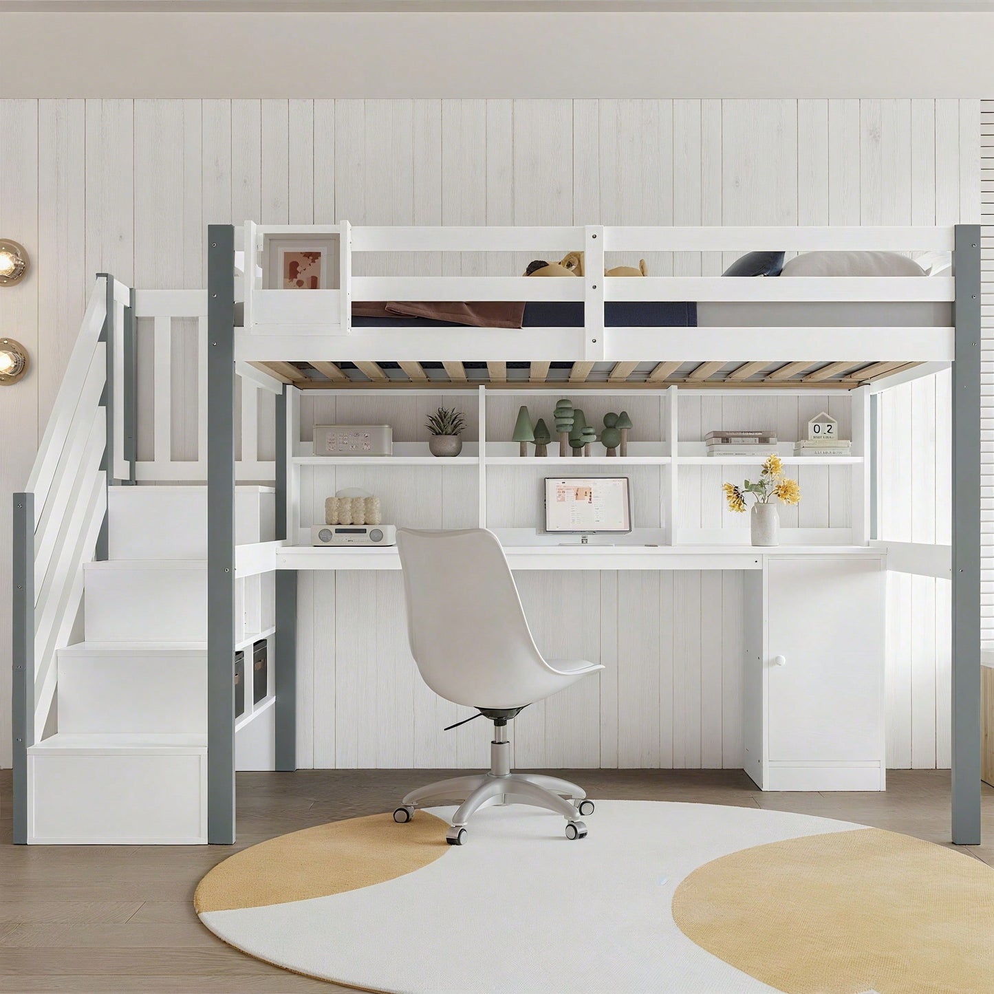 Halbhohes Bett, Mit Stoff-Aufbewahrungsbox, Reichlich Stauraum, Mit seitlicher Leiter, Offenes Regal, Jugendbett mit Schreibtisch und Schließfächern, Kiefer+MDF, Weiß+Grau, 90x200cm