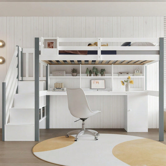 Halbhohes Bett, Mit Stoff-Aufbewahrungsbox, Reichlich Stauraum, Mit seitlicher Leiter, Offenes Regal, Jugendbett mit Schreibtisch und Schließfächern, Kiefer+MDF, Weiß+Grau, 90x200cm