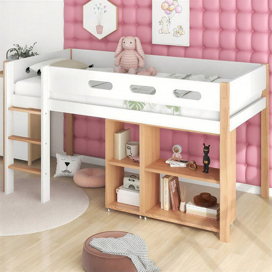 Etagenbett mit Stauraum und beweglichem Schrank, Hochbett mit dreistufiger rechtwinkliger Treppe, Bettrahmen aus Massivholz, mit Absturzsicherung, Kiefer+MDF, Natur+Weiß, 90x200 cm
