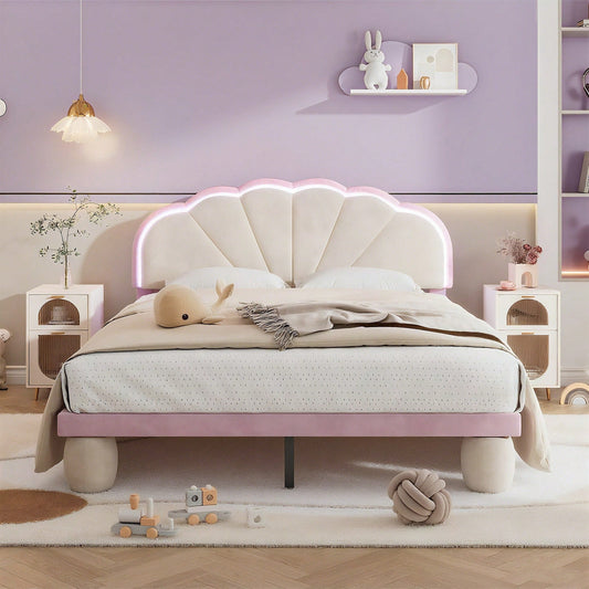 Polsterbett mit mehrfarbigen, wechselnden Lichtstreifen, Kopfteil mit Wellenschliff, mit gepolsterter runden Beine, Kinderbett, Jugendbett mit Holzlatten, Doppelbett, Samt, Beige+Rosa, 140x200cm