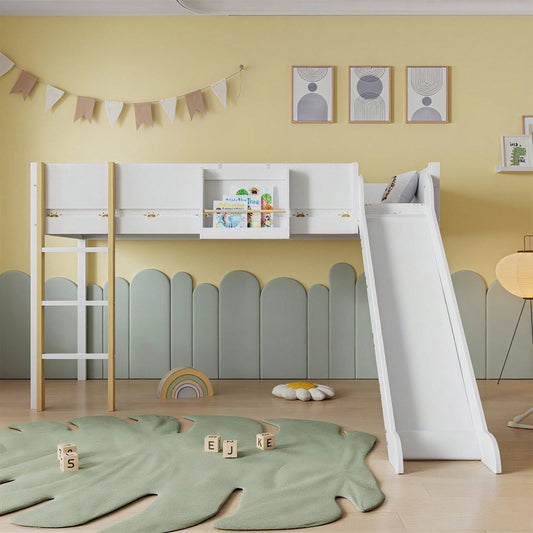 Hochbett, Etagenbett mit dreistufiger gerader Leiter, Kinderbett, Jugendbett mit Rutsche, mit abnehmbarem Regal, Kiefer+MDF, Weiß+Natur, 90x200cm