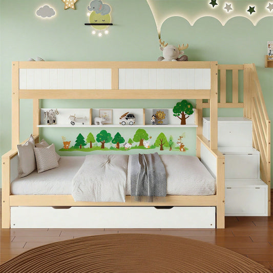 Etagenbett, Kinderbett, mit Fallschutz und Gitter, Entworfen mit drei Bettpositionen, mit Rollbett, mit Kleiderschrank, Ecktreppe, Kiefer+MDF, Weiß+Natur, 90x200&90x190&120*200cm