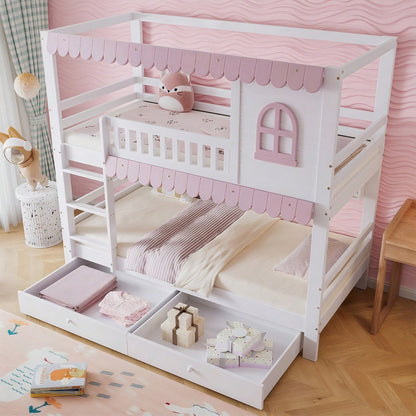 Etagenbett, Kinderbett Mit Fenstern, mit Fallschutzgitter, Offenes Regal, Rosa Traufe, Zwei Schubladen mit Rollen, Reichlich Stauraum, Kiefer+MDF, Weiß+Rosa, 90x200cm
