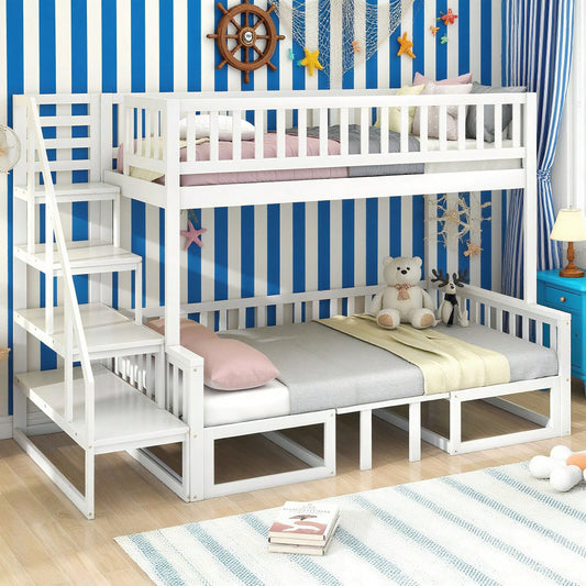 (29946123WAA)Platzsparendes Etagenbett mit Treppe, mit verstellbarem Tisch, mit Holzsofa, Robustes Kieferholzgestell, Weiß (90x200cm&120*200cm)