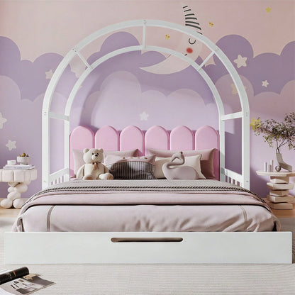 Erweiterbares Gewölbtes Dachbett, Schiebebett, Kinderbett, Tagesbett, Doppelbett, Samtkissen, Rahmen aus Kiefernholz, Weiß+Rosa (140x100cm&140x200cm)