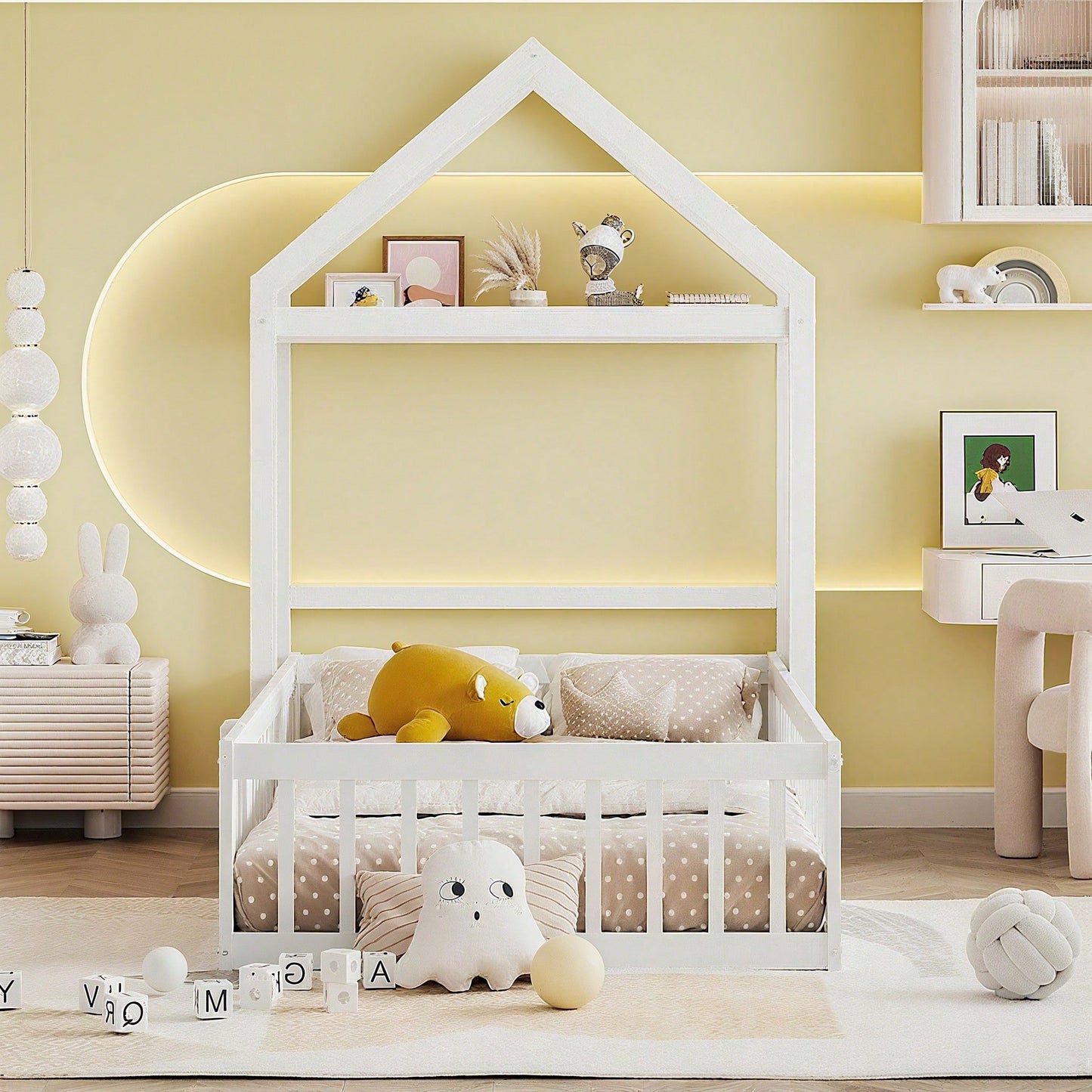 Weißes Kinderbett 90x200 cm aus Massivholz – mit Stauraum, Vollschutzgitter, Tür & Lattenrost