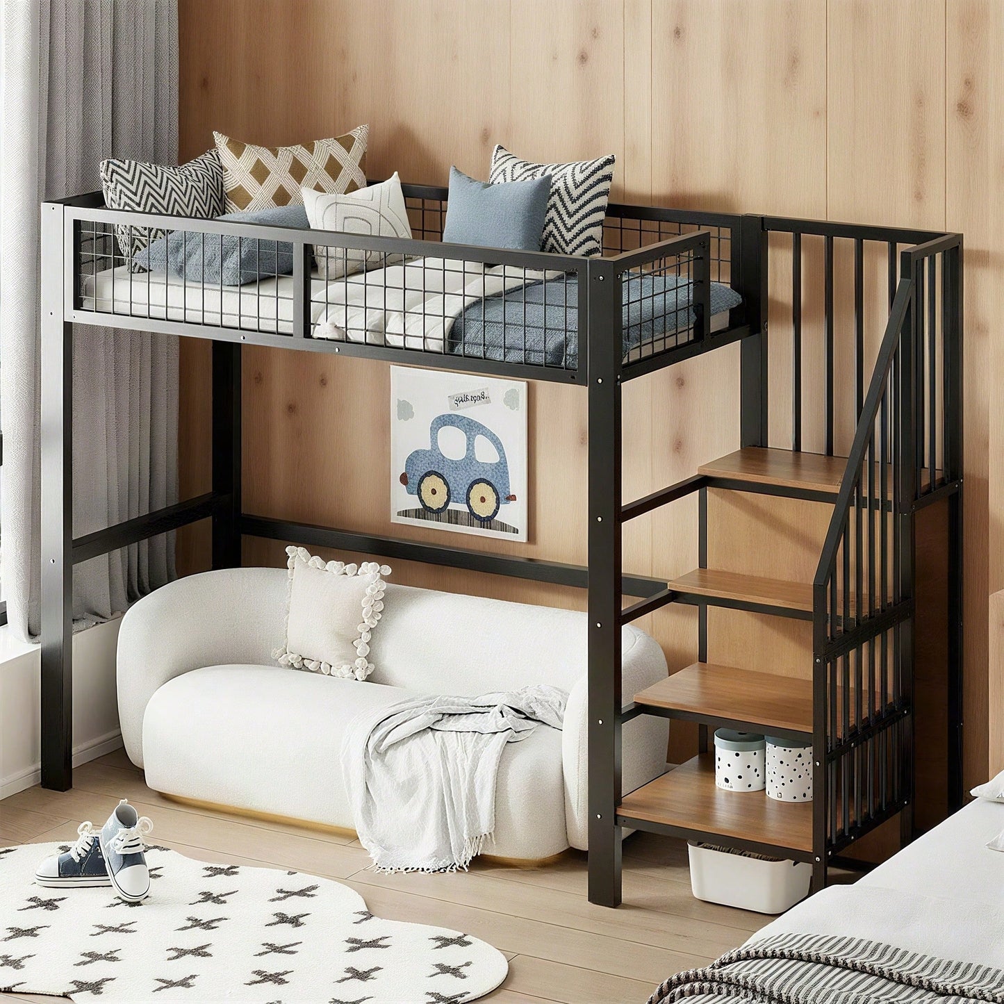 Hochbett 90x200 mit integriertem Kleiderschrank & Regal – Metallrahmen, sicher & platzsparend