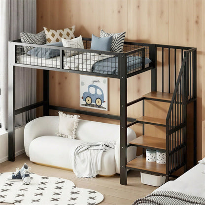 Hochbett 90x200 mit integriertem Kleiderschrank & Regal – Metallrahmen, sicher & platzsparend