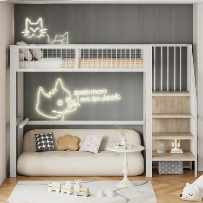Hochbett 90x200 mit integriertem Kleiderschrank & Regal – Metallrahmen, sicher & platzsparend